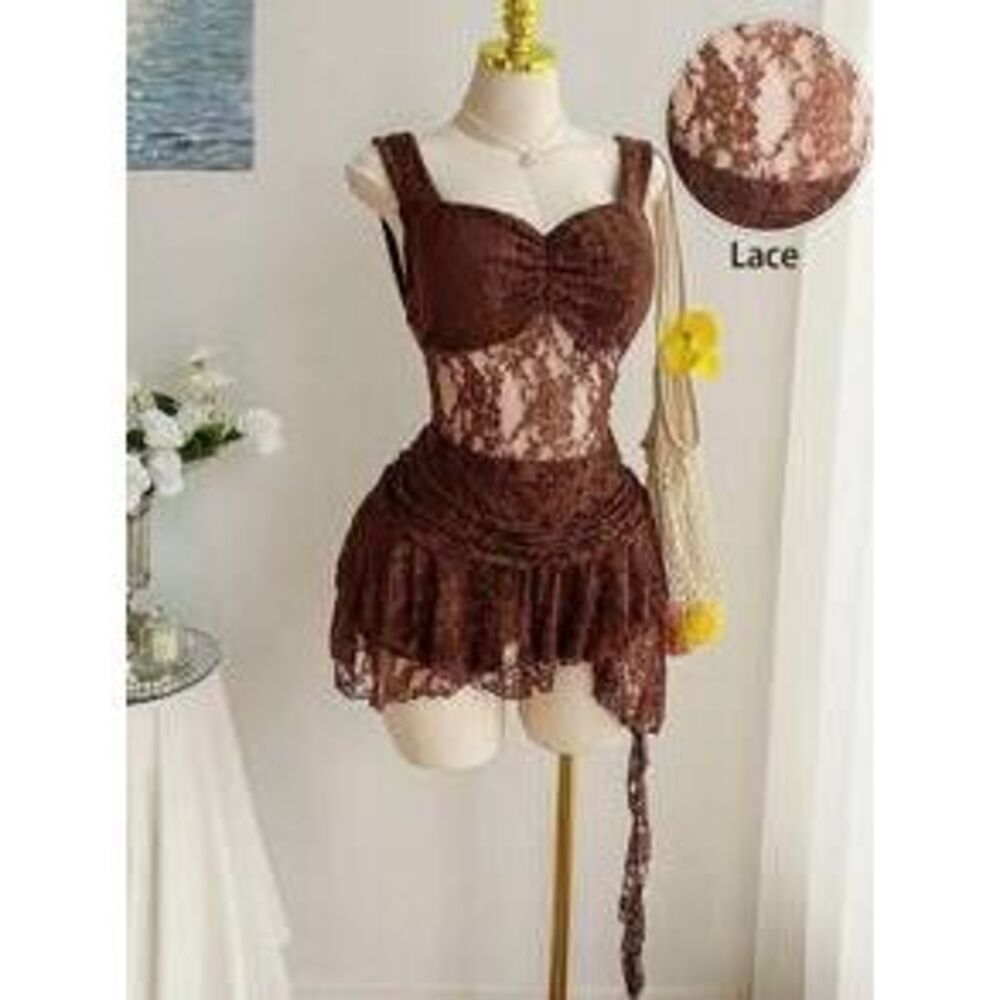 Comfortcana 2pcs/Set Summer Plus Size Brown Lace Camisole Top And Ruffle Hem Br…